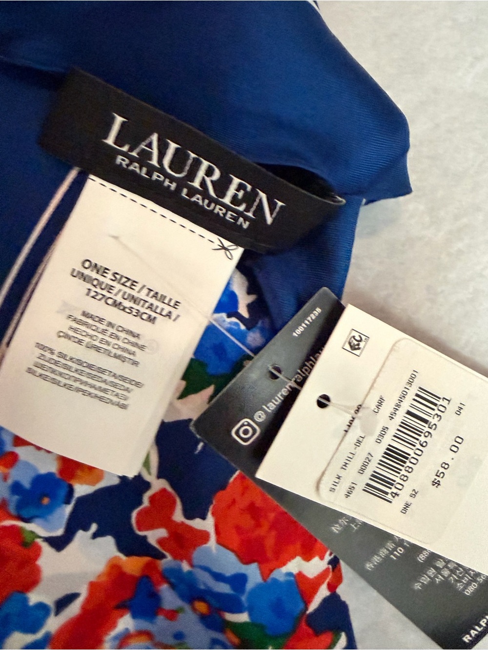 Lauren Ralph Lauren Blue Floral Print Diamond Scarf Red Blue with Box - Picture 2 of 8